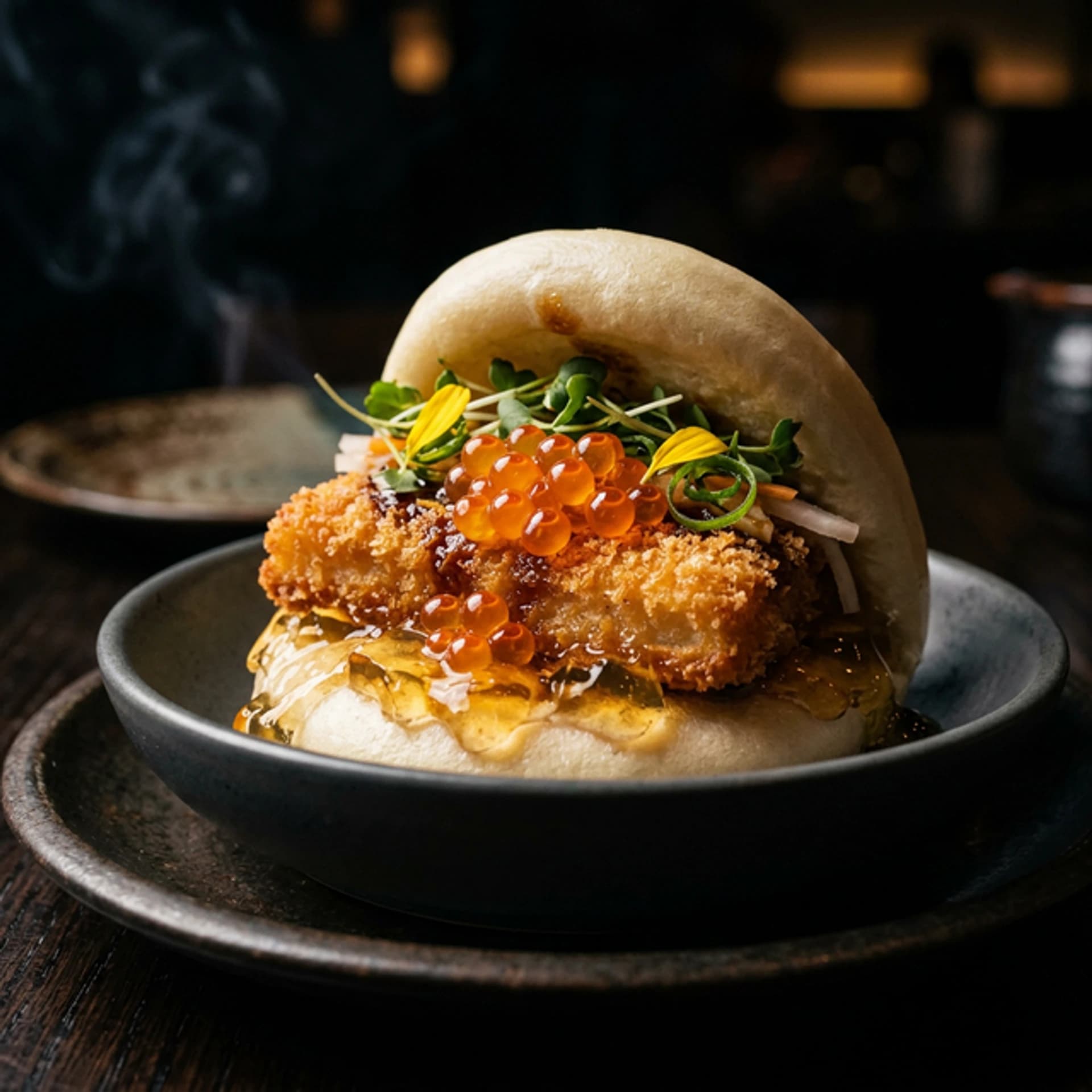 Steamed bao with crumbed barramundi, American cheese, and salmon roe in the style of King Clarence's fish finger bao
